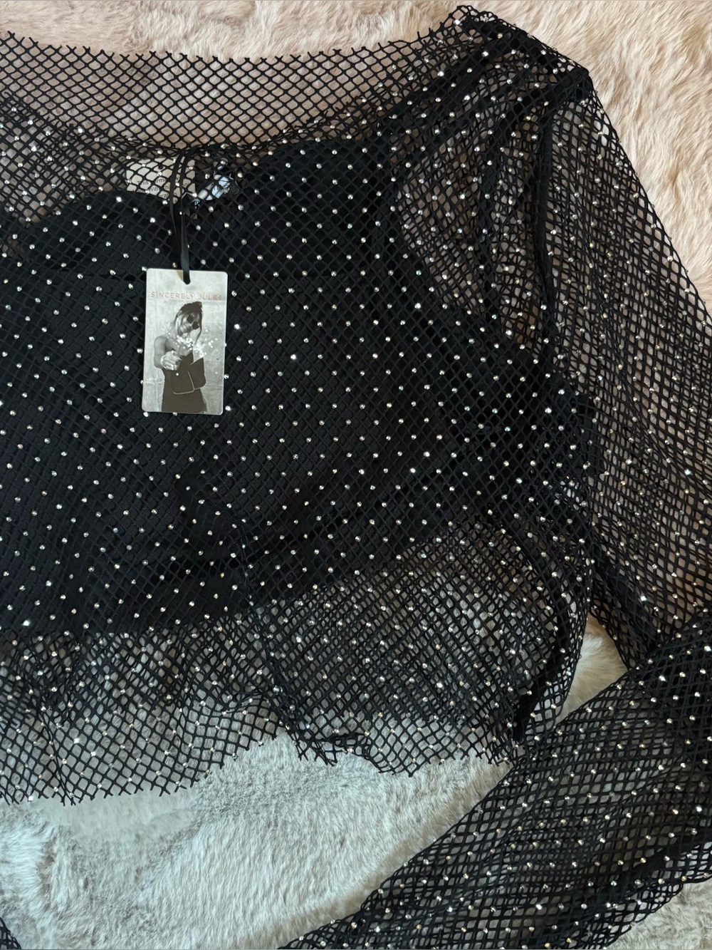 Sincerely Jules black rhinestone net long sleeve layer top
